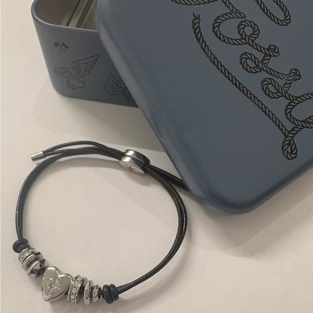 Silver Heart Charm Bracelet with Black Cord